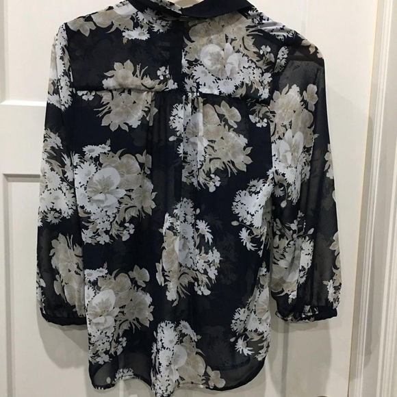 Philosophy floral navy tan white sheer blouse 3/4 sleeve small - Picture 6 of 7